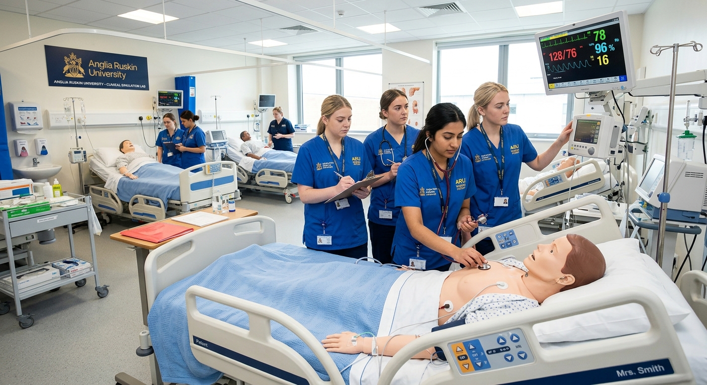 Nursing students in clinical simulation lab at Anglia Ruskin University, practicing patient care with medical mannequins, wearing blue scrubs, modern healthcare training facility with hospital beds and monitoring equipment