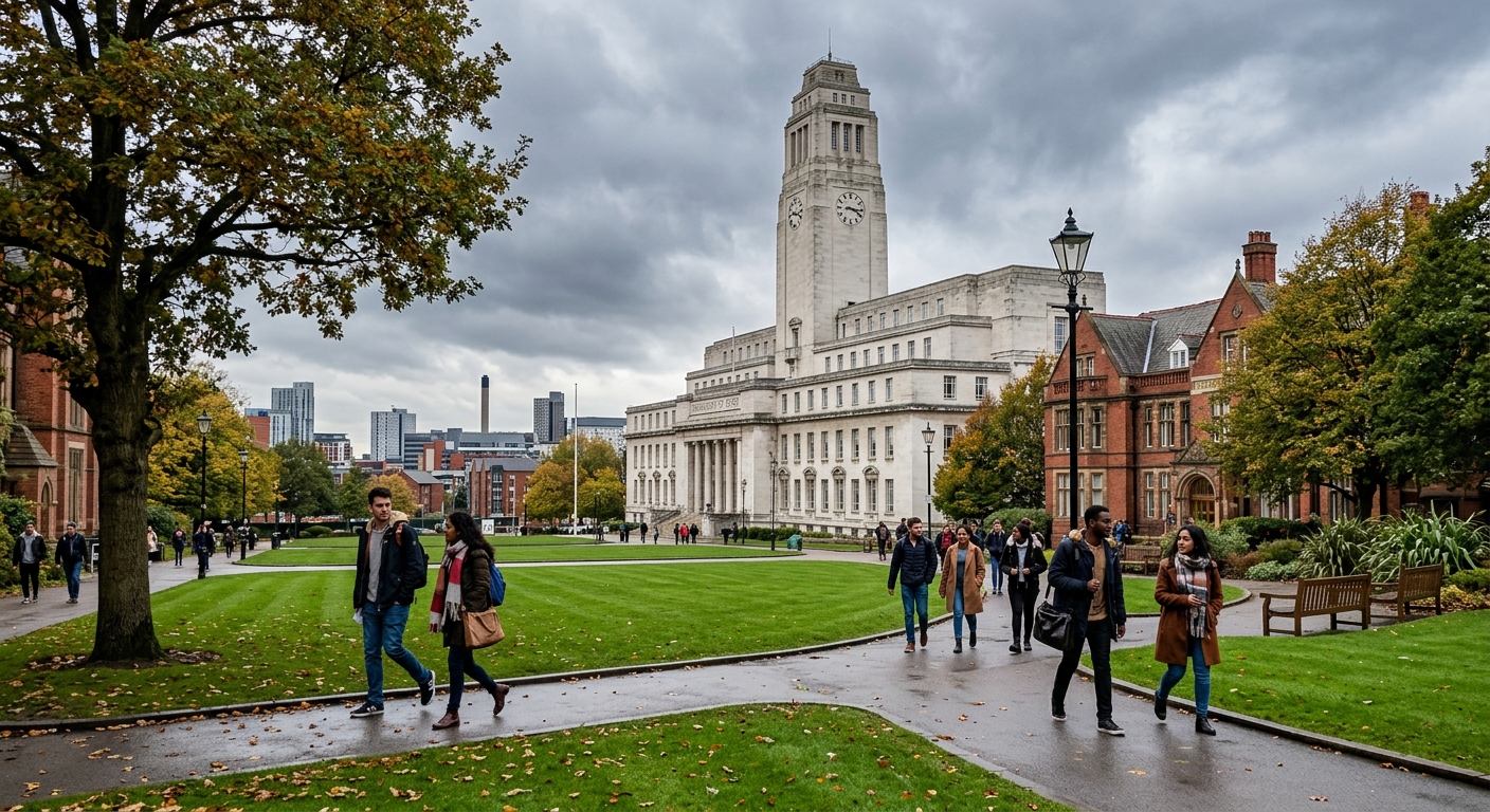 University of Leeds Parkinson Building with its iconic clock tower, students walking across campus grounds, historic red-brick architecture, green lawns, Leeds city skyline in background, overcast British sky