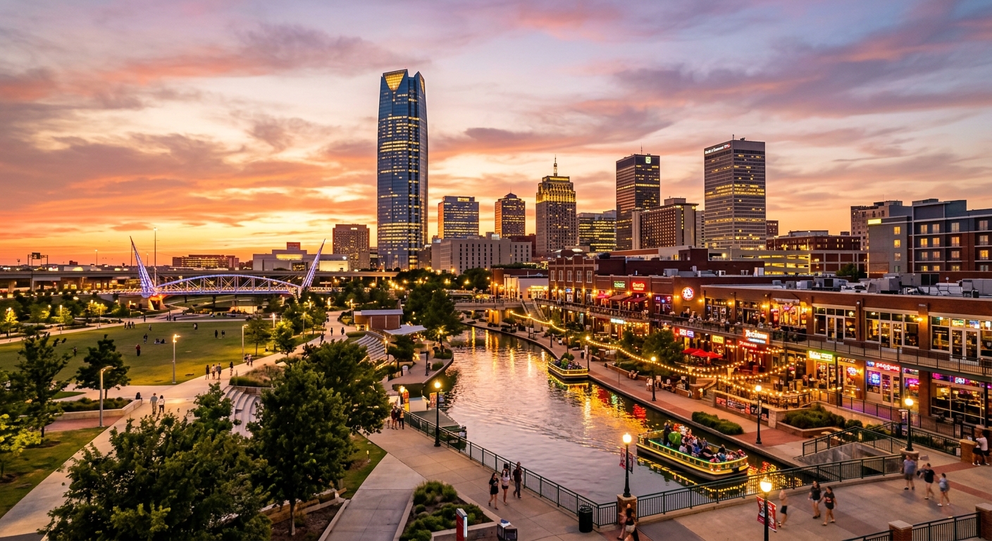Oklahoma City skyline at sunset, modern downtown skyscrapers, Devon Energy Tower, Scissortail Park, Bricktown canal district with lights reflecting on water