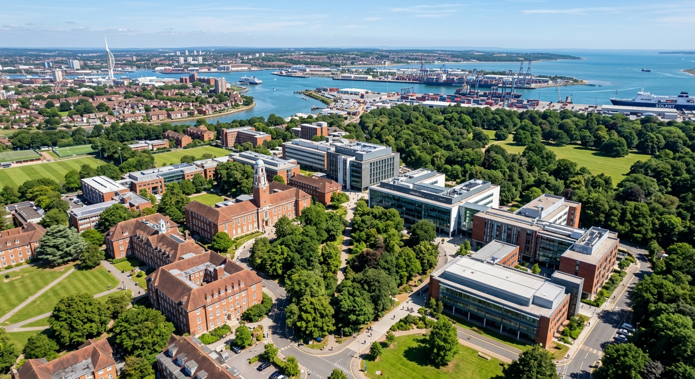 University of Southampton Highfield Campus aerial view, red brick and modern buildings surrounded by green lawns and mature trees, Southampton cityscape and port visible in the background, bright sunny day
