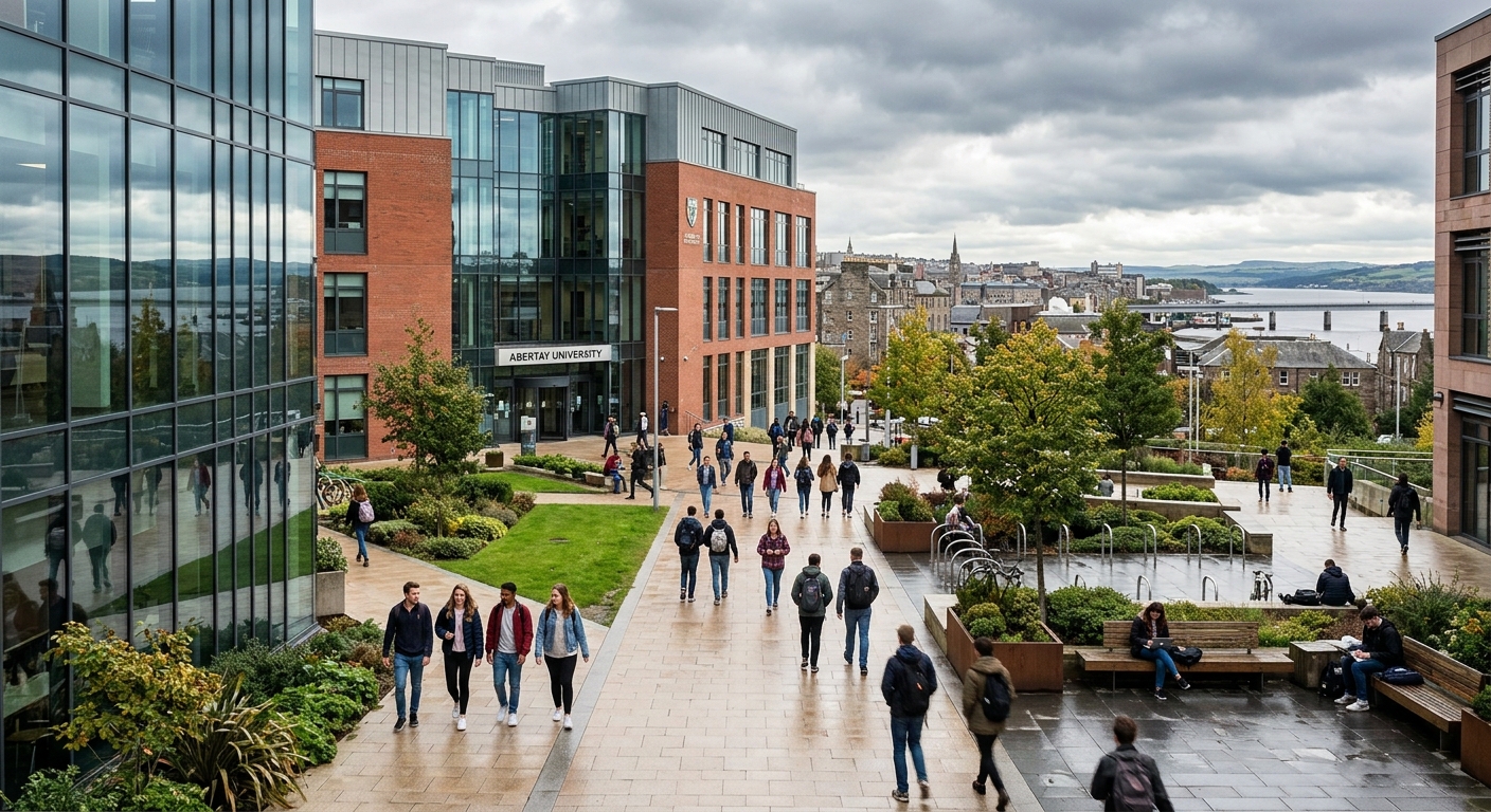 Modern Abertay University campus building in Dundee Scotland, students walking through the central courtyard, contemporary glass and brick architecture, green spaces, Scottish cityscape in the background with overcast sky