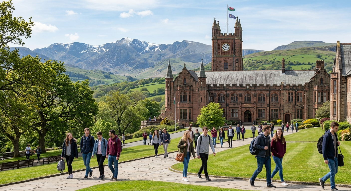Bangor University historic main building with clock tower, set against the backdrop of Snowdonia mountains and green Welsh countryside, students walking through campus grounds on a bright day
