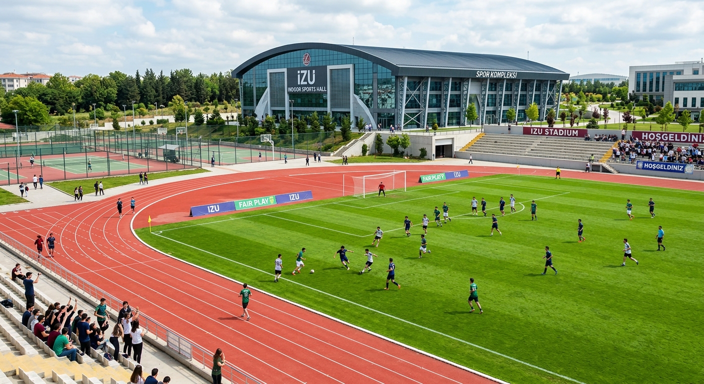 IZU campus sports stadium and outdoor facilities, green football pitch, running track, students playing sports, modern indoor sports hall visible in background