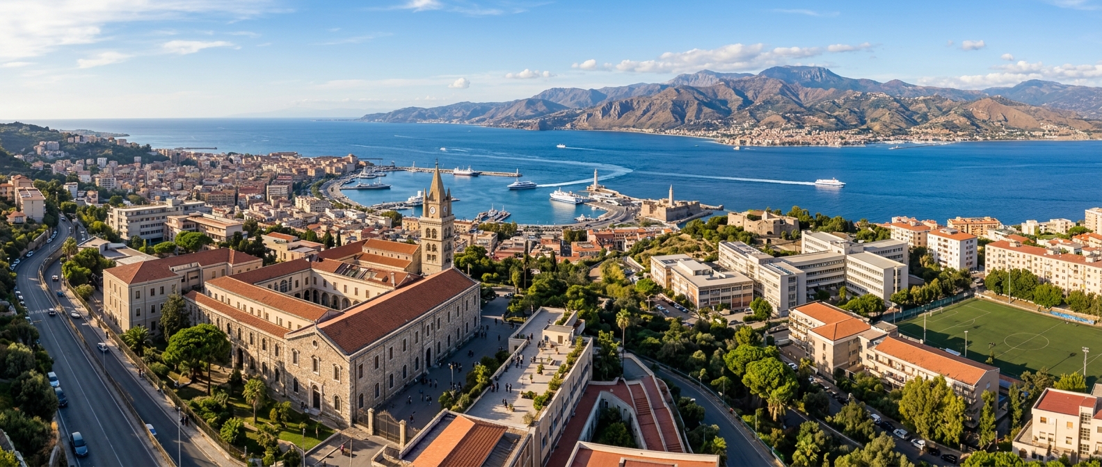 Panoramic view of the University of Messina campus buildings with the Strait of Messina and Calabrian coastline in the background, Mediterranean sunlight illuminating historic and modern university structures across the coastal Sicilian city