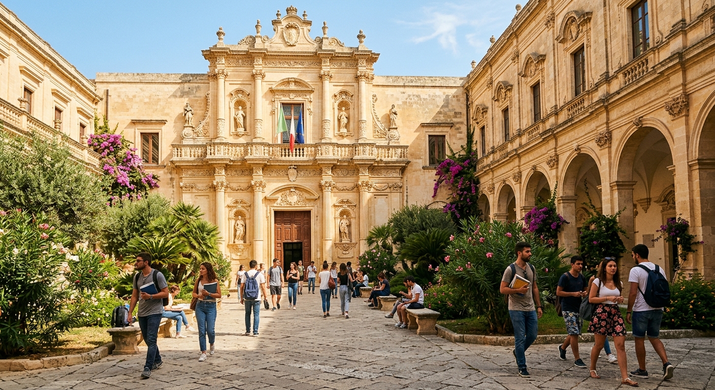 Historic Baroque architecture of Lecce city center with University of Salento campus buildings, students walking through sunlit courtyards with Mediterranean vegetation, warm golden stone facades