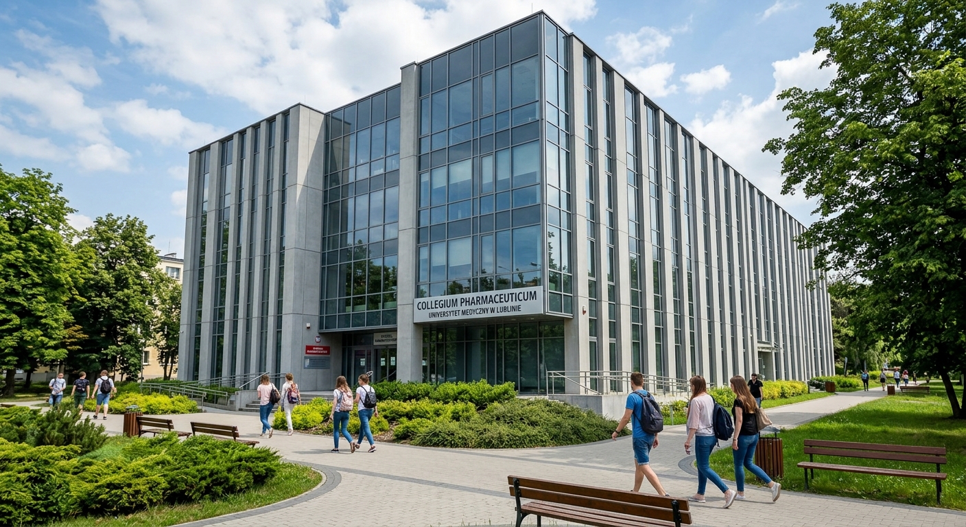 Collegium Pharmaceuticum building at Medical University of Lublin, contemporary academic building with glass facade, students walking on pathways, green landscaping