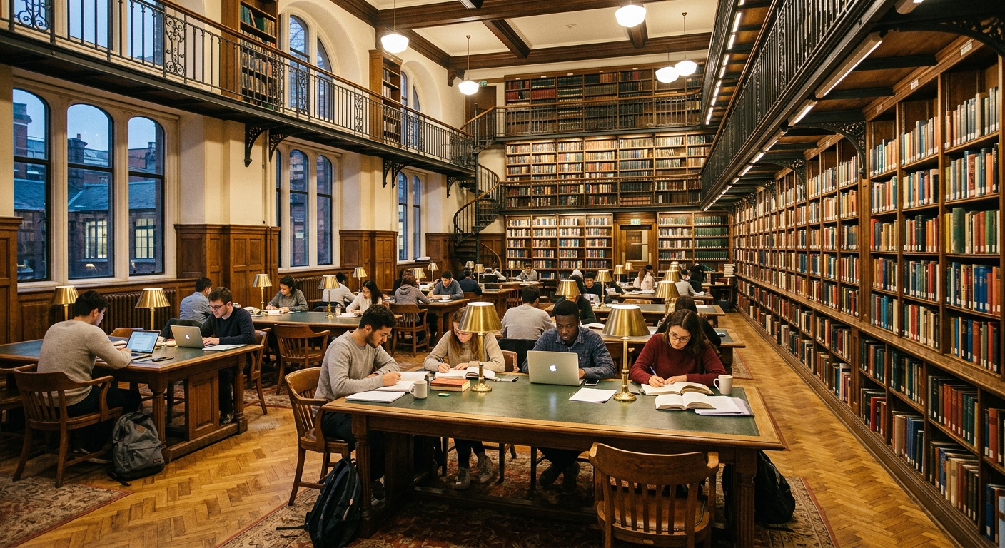 British Library of Political and Economic Science interior, rows of bookshelves, students studying at desks, warm lighting, historic reading room