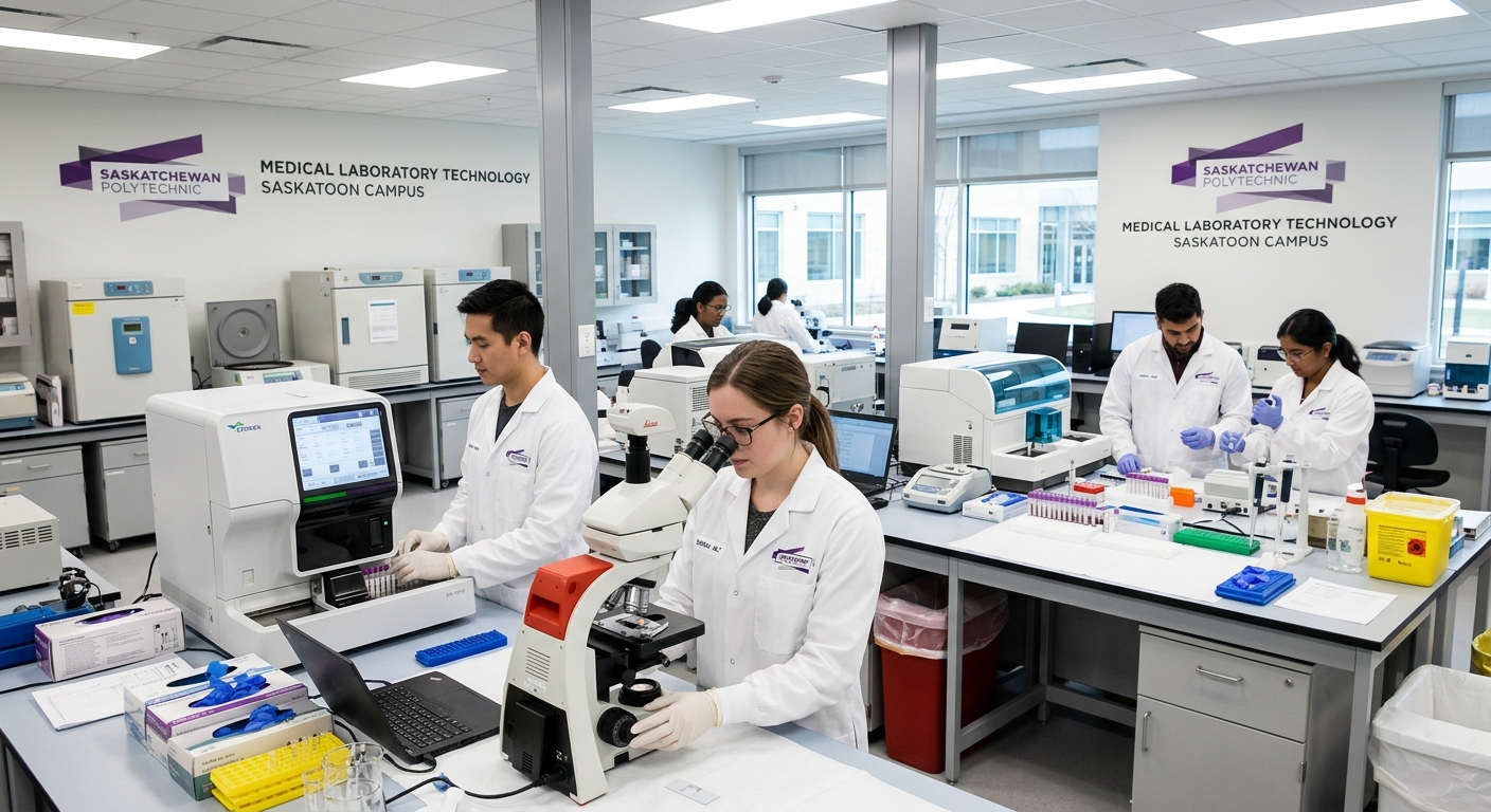 Modern medical laboratory at Saskatchewan Polytechnic Saskatoon campus, students in white lab coats operating diagnostic equipment, microscopes and automated analyzers on workbenches, bright clinical lighting