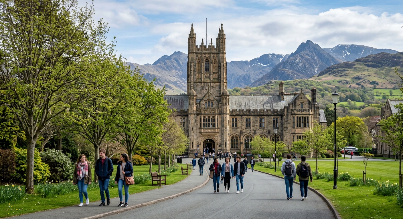 Historic Bangor University main arts building with its iconic tower, set against the backdrop of Snowdonia mountains and lush green Welsh landscape, students walking along tree-lined pathways on campus