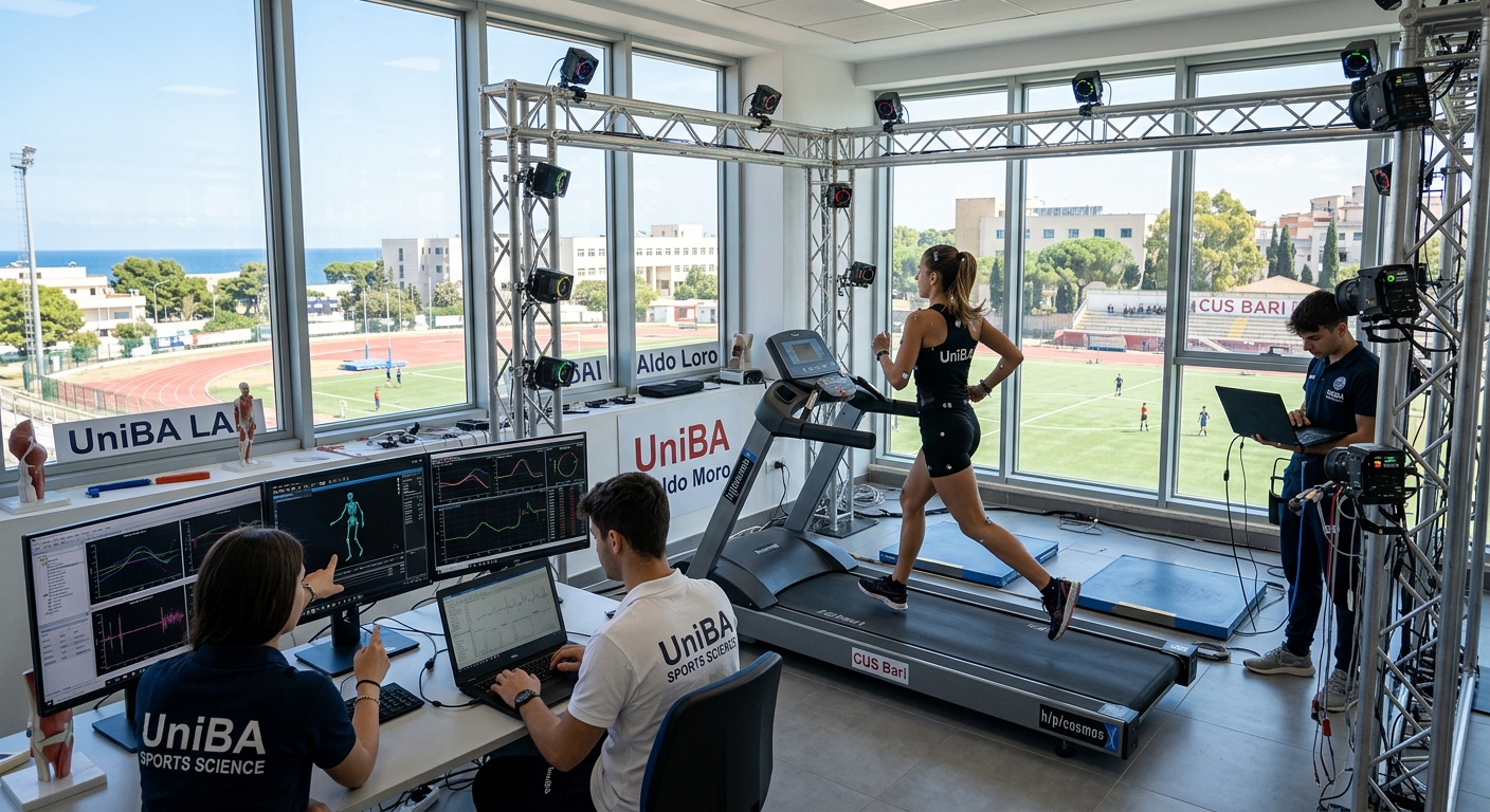 Modern sports science laboratory at University of Bari Aldo Moro, students analyzing athletic performance with motion capture technology, bright Mediterranean campus setting with sports facilities visible through large windows