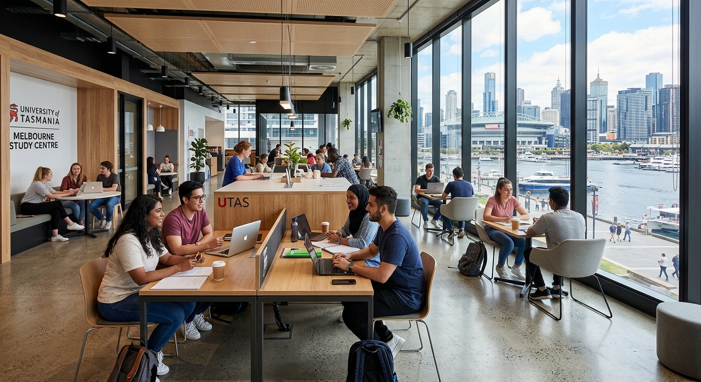 University of Tasmania Melbourne Study Centre interior, modern open-plan learning space with collaborative desks, floor-to-ceiling windows overlooking Melbourne Docklands, students studying together