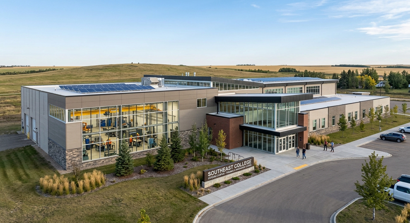 Southeast College Estevan campus, large 44000 square foot training facility, industrial training labs, modern architecture, Saskatchewan landscape