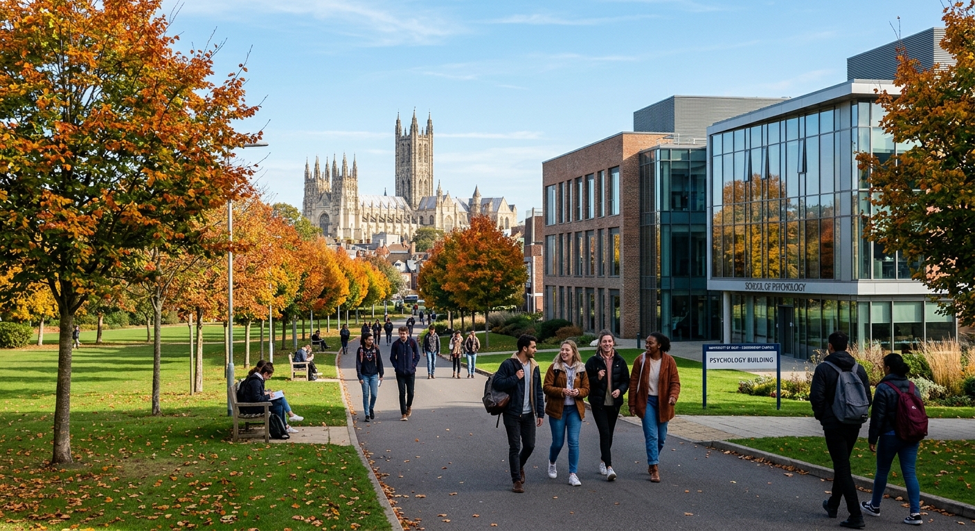 University of Kent Canterbury campus with modern psychology building, green parkland, students walking along tree-lined pathways, historic cathedral visible in the background, bright autumn day