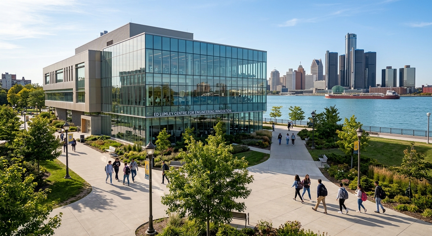 Modern engineering campus at the University of Windsor, Ed Lumley Centre for Engineering Innovation building with glass facade, students walking on pathways near the Detroit River waterfront, bright sunny day in Windsor Ontario Canada
