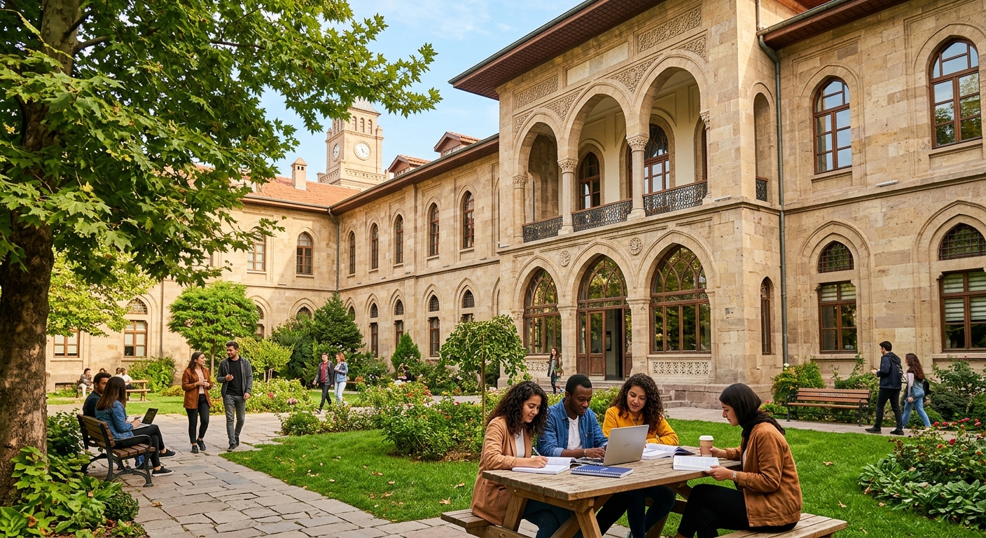 Ankara Medipol University Central Campus historic stone building facade with arched windows, green courtyard garden, students studying outdoors under trees, warm daylight