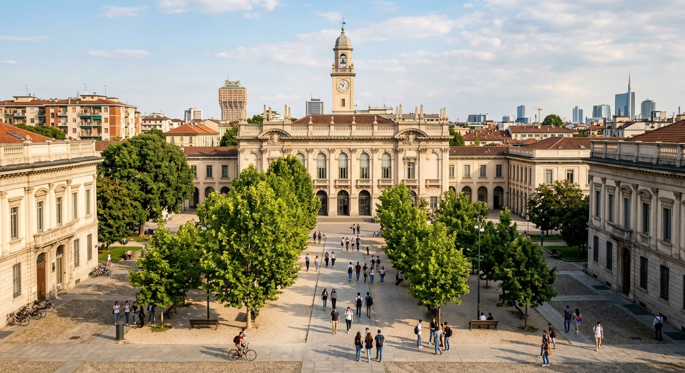 Politecnico di Milano Leonardo campus wide shot, historic neoclassical buildings with clock tower, Piazza Leonardo da Vinci, students walking through tree-lined courtyard, warm afternoon light, Milan cityscape in background