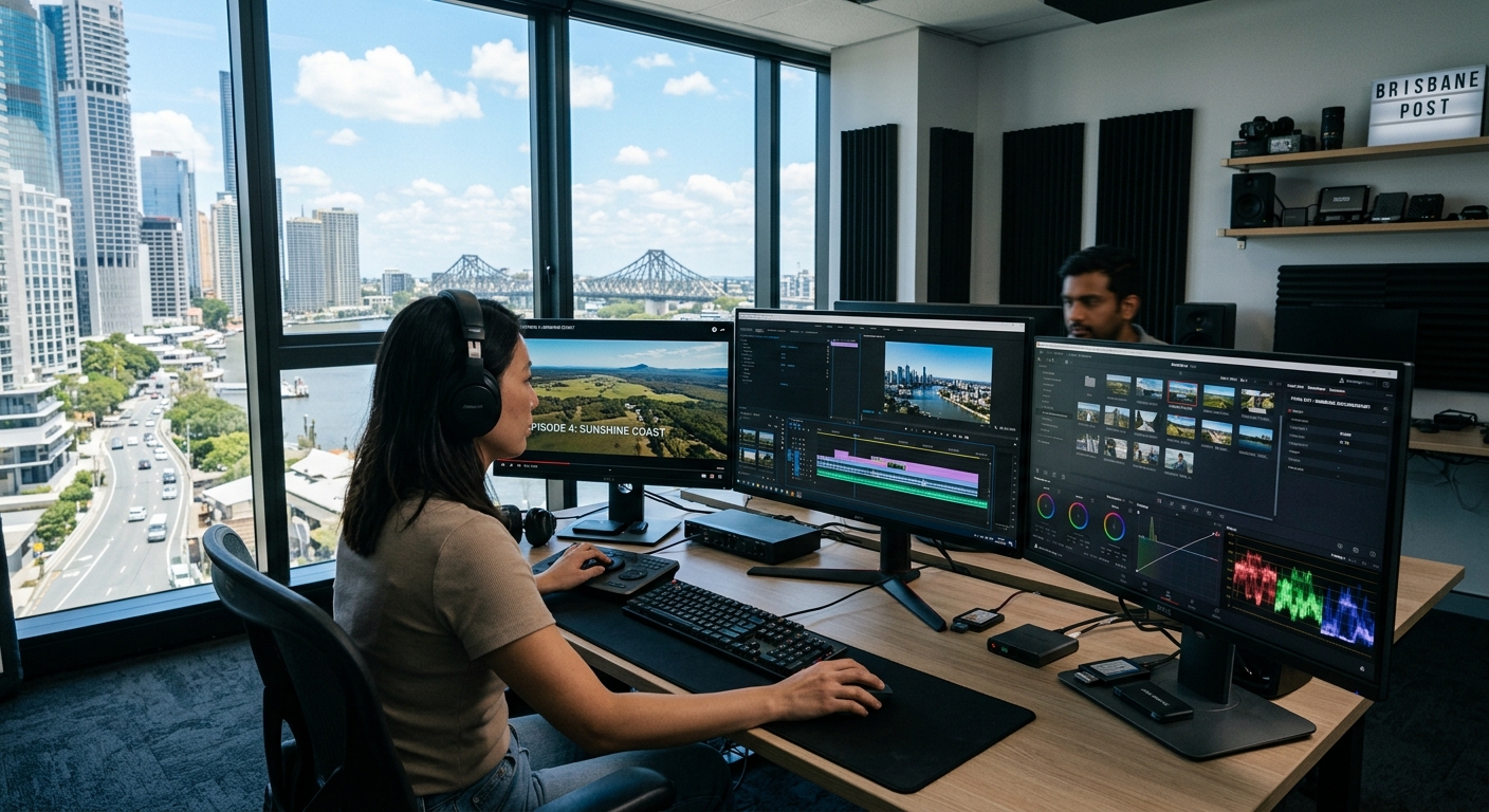 APAC post-production editing suite, multiple computer screens showing video editing software, modern workspace, Brisbane CBD views
