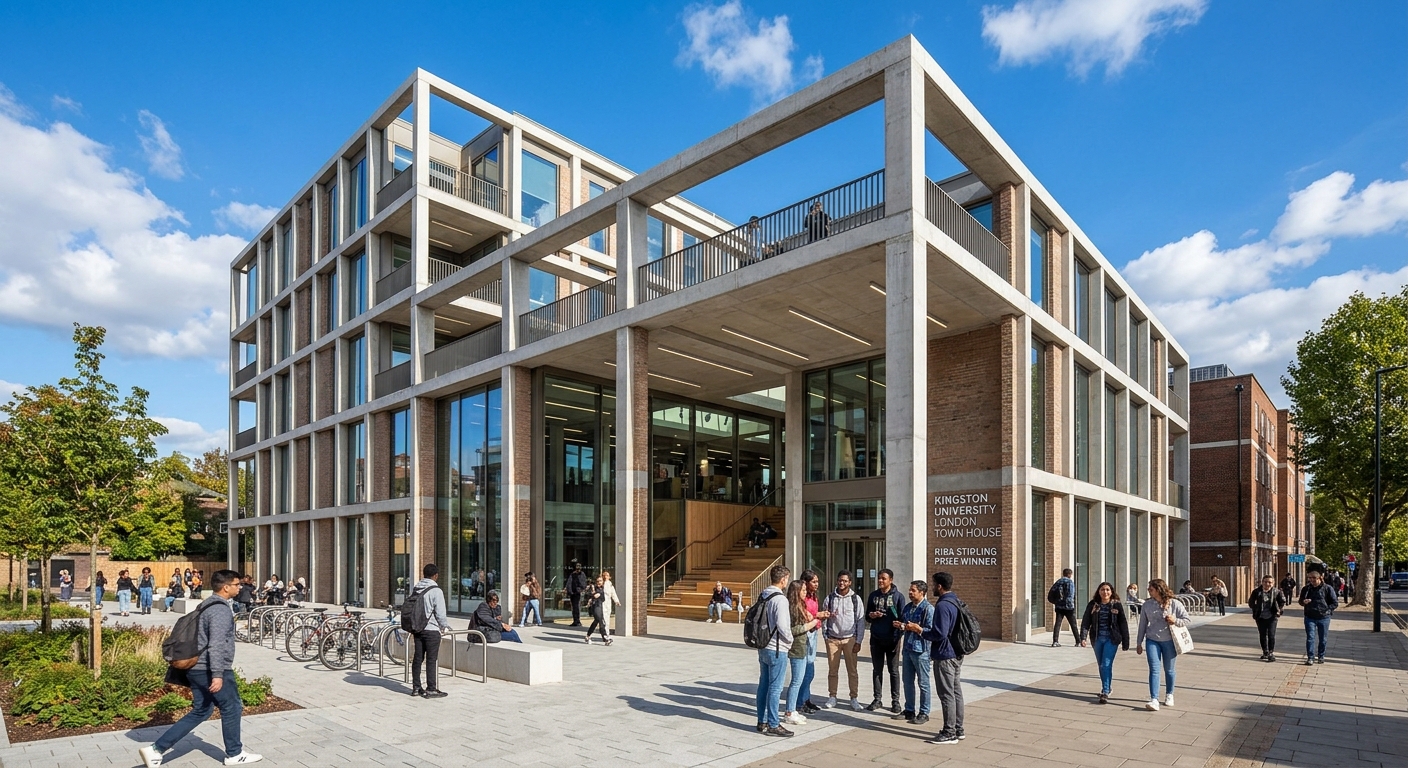 Kingston University Town House building exterior, modern glass and concrete architecture, RIBA Stirling Prize winner, covered courtyard visible through glass facade, students gathered outside, blue sky