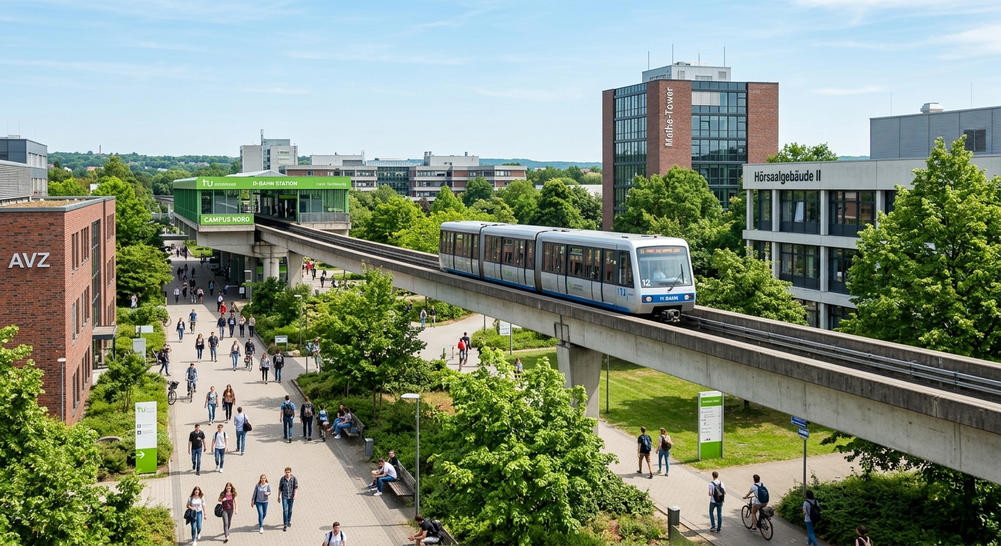 Modern campus of TU Dortmund University with the iconic H-Bahn monorail connecting North and South campus buildings, green surroundings, students walking between lecture halls under a clear sky