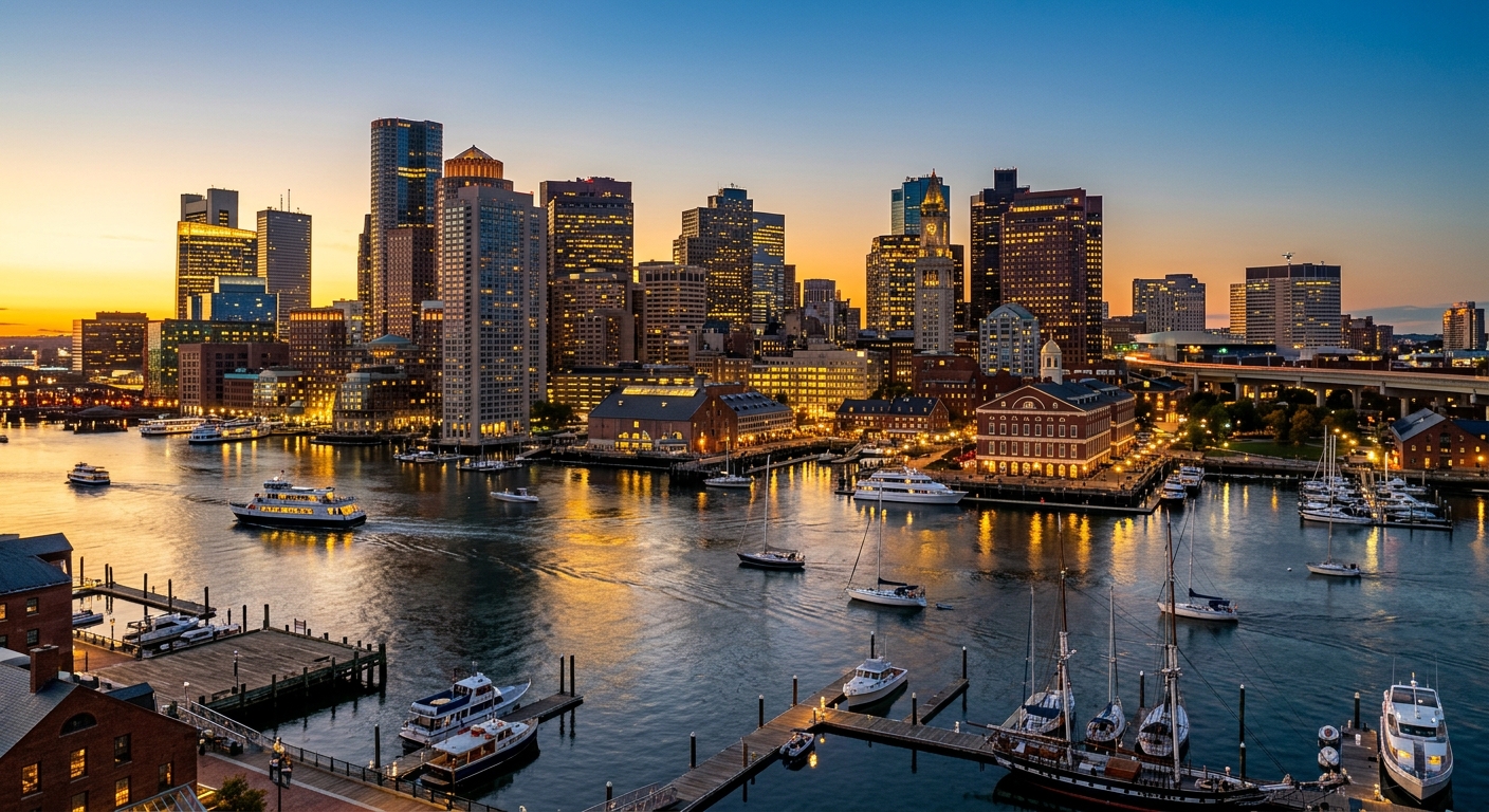 Boston city skyline at dusk with harbor in foreground, historic brick buildings alongside modern skyscrapers, boats in the harbor, warm golden light reflecting off water