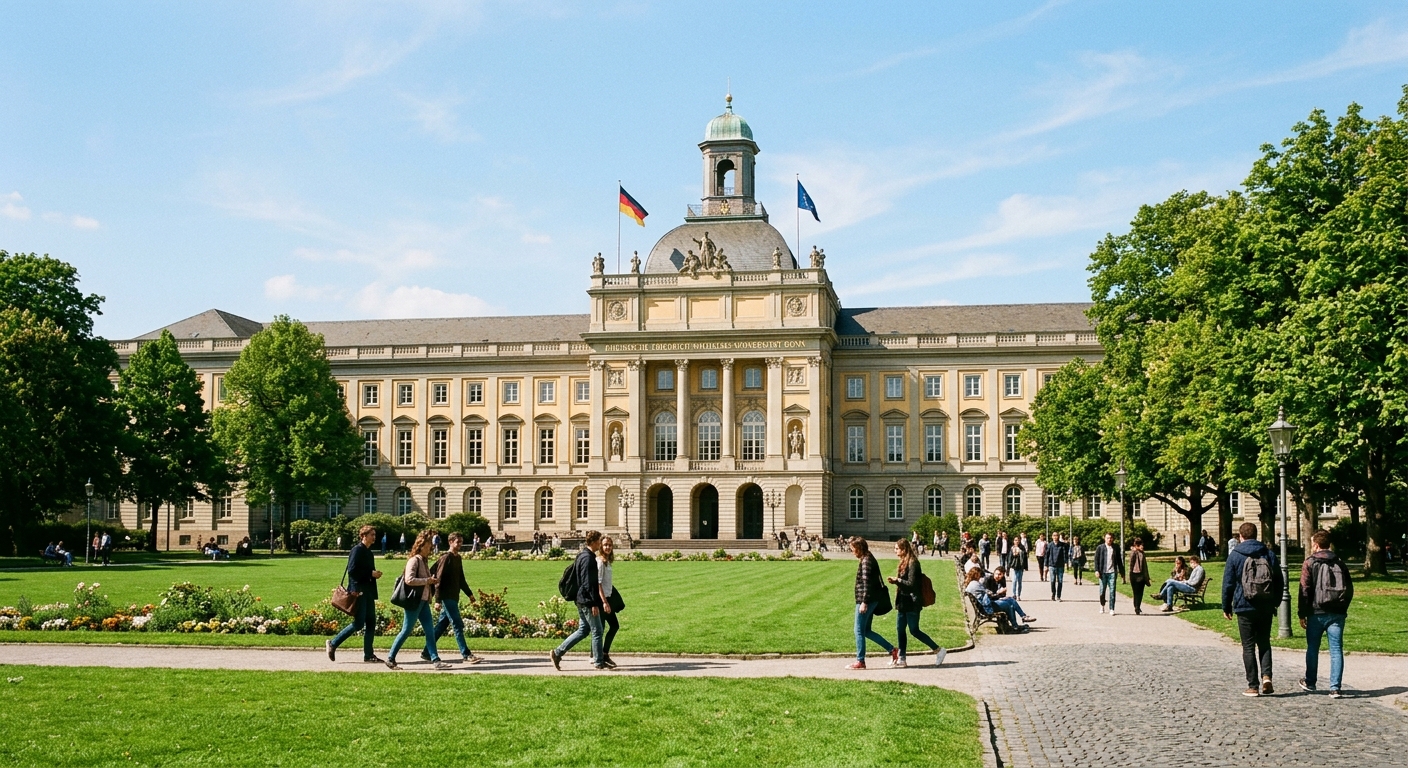 Historic University of Bonn main building (Hauptgebäude) with its grand neoclassical facade, green lawn in foreground, students walking along pathways, clear sky over Bonn, Germany