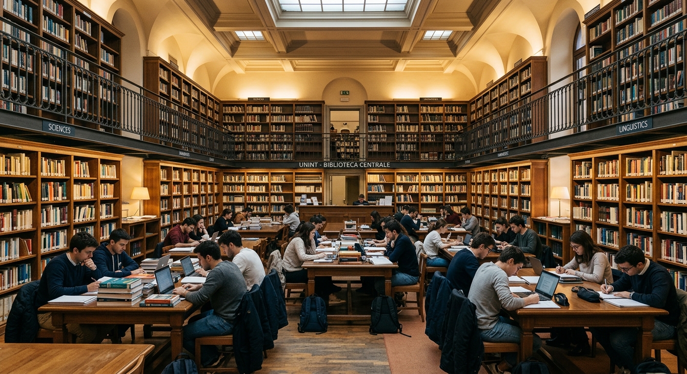 UNINT university library interior, bookshelves with academic texts, students studying at tables, warm lighting, quiet academic atmosphere