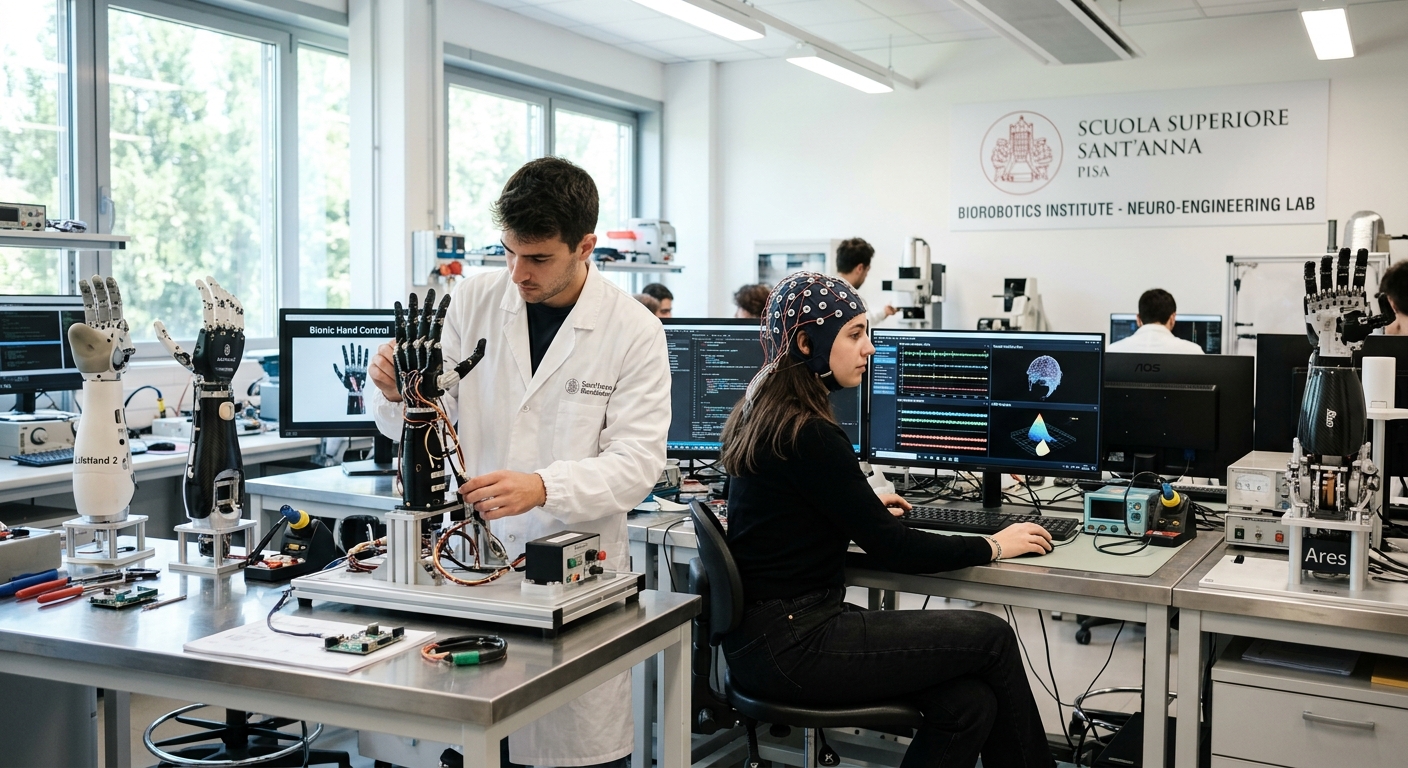 Modern biorobotics laboratory at Sant'Anna School of Advanced Studies in Pisa, Italy, featuring robotic prosthetic arms, bionic hand prototypes, students working with neural interfaces, and advanced mechatronics equipment under bright laboratory lighting