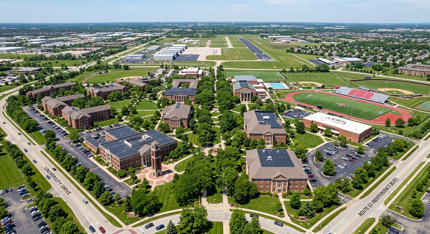 Aerial view of Lewis University 410-acre campus in Romeoville Illinois, tree-lined walkways, red brick academic buildings, green lawns, Lewis University Airport visible in background, bright sunny day