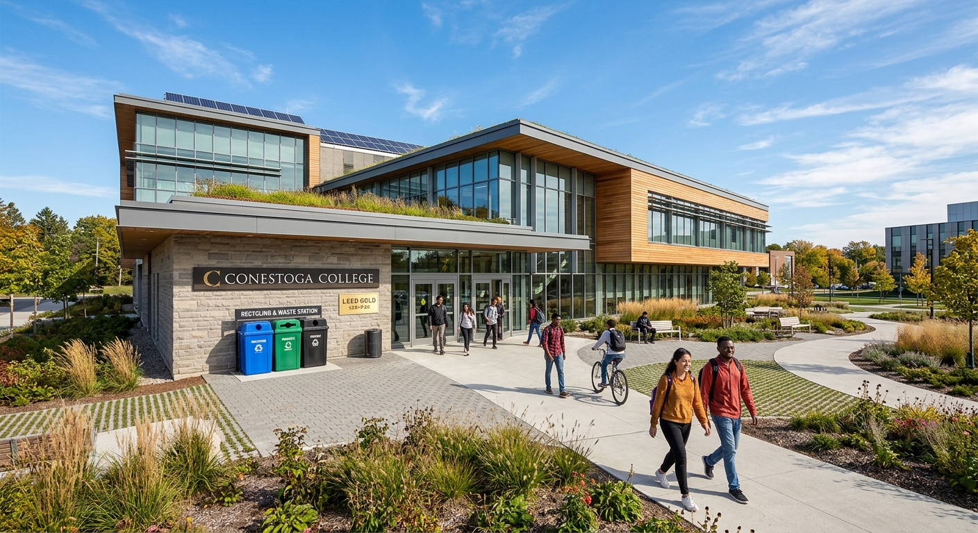 Modern Conestoga College campus building with LEED-certified sustainable architecture, green landscaping, recycling stations visible near entrance, students walking on pathways under clear Canadian skies