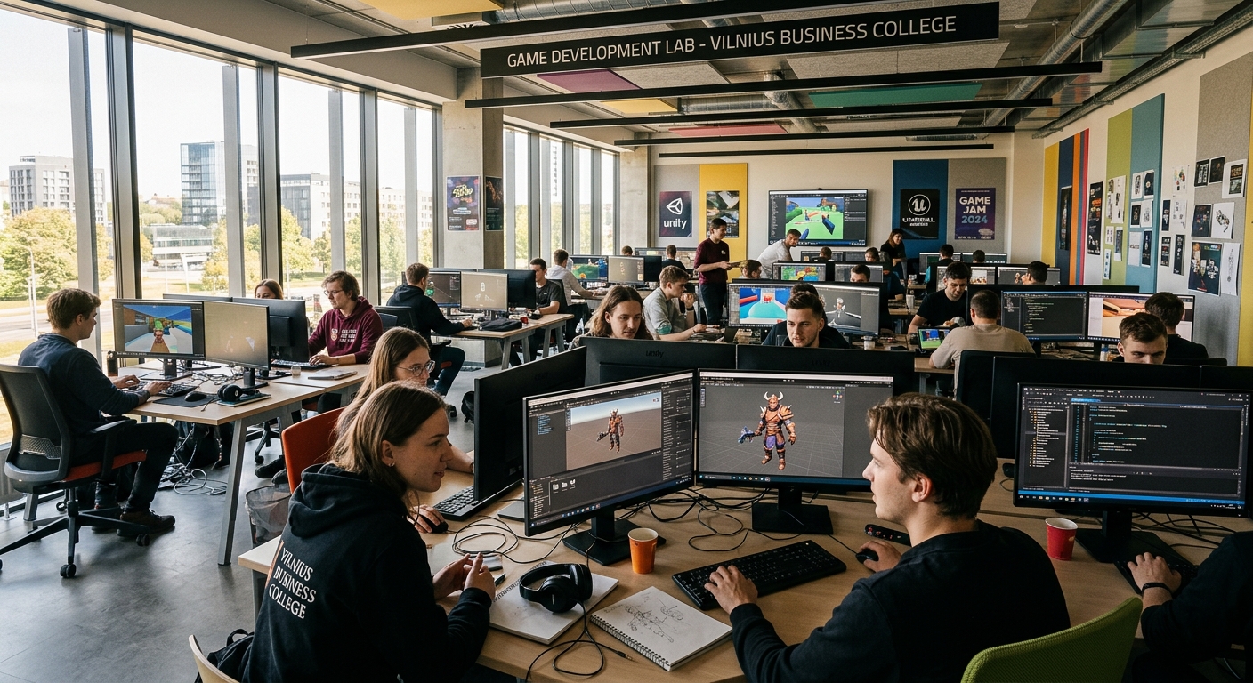 Modern computer lab at Vilnius Business College with students working on game development projects, multiple monitors displaying 3D models and Unity game engine, vibrant and creative atmosphere with natural light