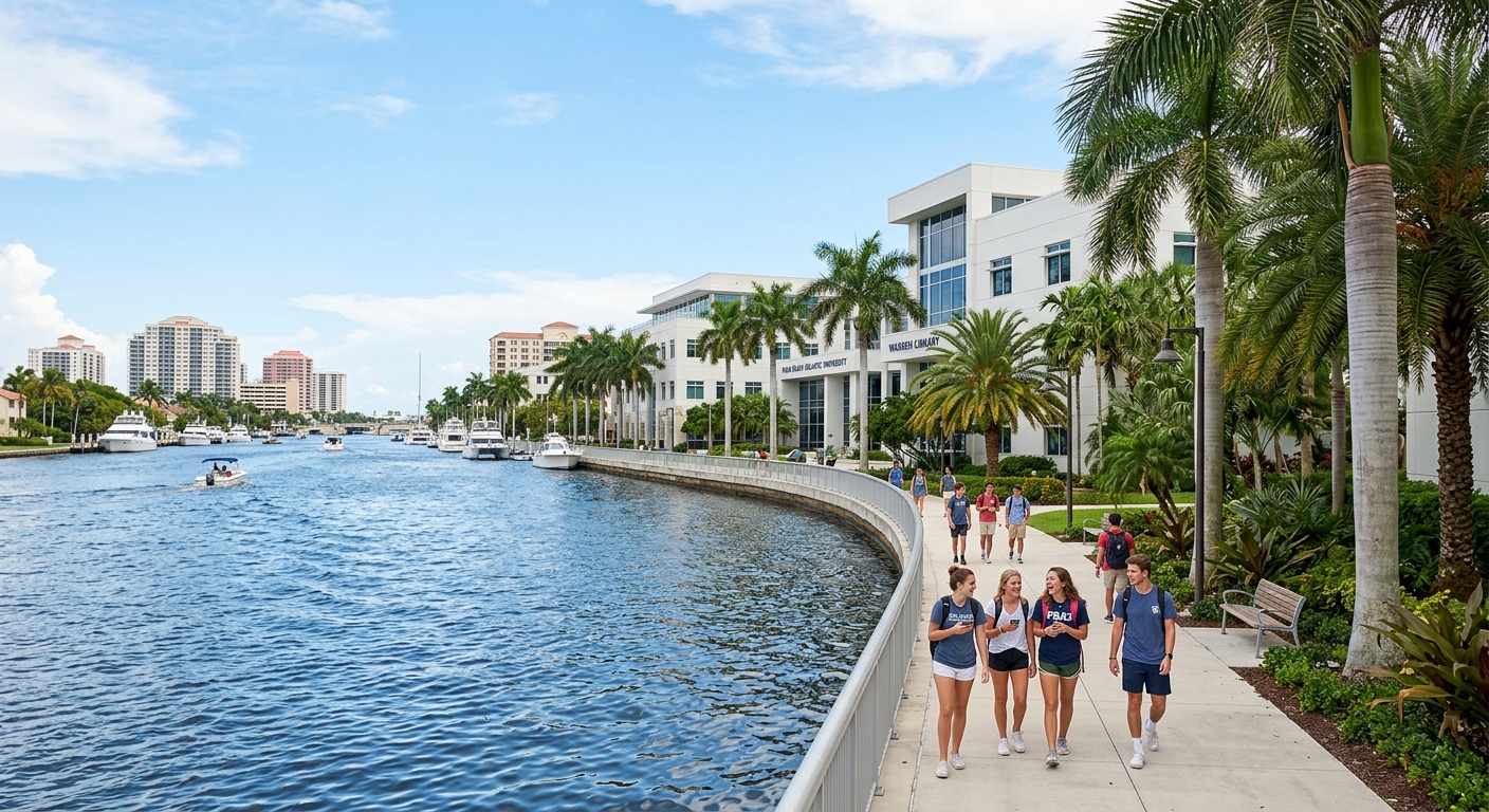 Palm Beach Atlantic University waterfront campus buildings along the Intracoastal Waterway, palm trees, modern architecture with white facades, students walking along pathways