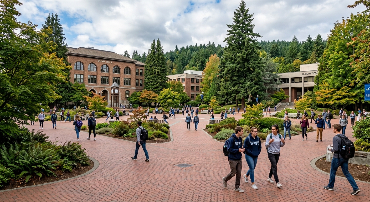 Western Washington University Red Square central plaza with students walking among brick pathways, surrounded by academic buildings and lush Pacific Northwest greenery