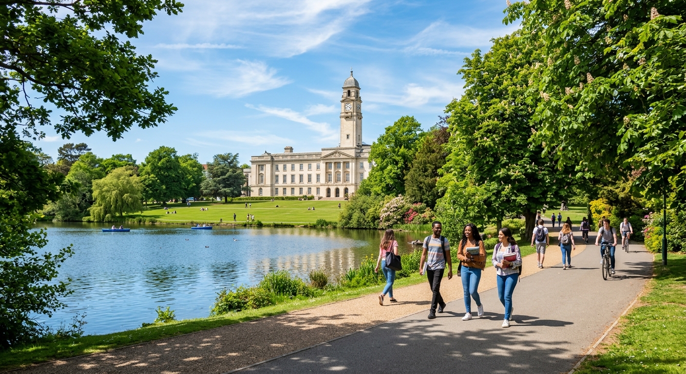 University of Nottingham University Park campus with historic Trent Building, green lawns, lake, and students walking along tree-lined paths on a sunny day in Nottingham, United Kingdom