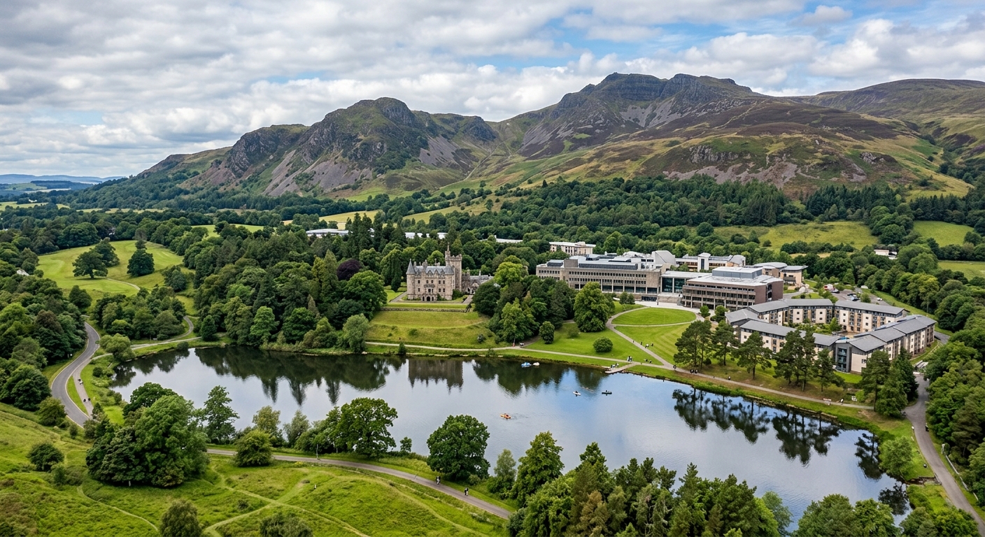 University of Stirling campus wide-shot showing the 330-acre parkland estate with Airthrey Loch in the foreground, Airthrey Castle, modern university buildings, and the Ochil Hills rising in the background under a partly cloudy Scottish sky