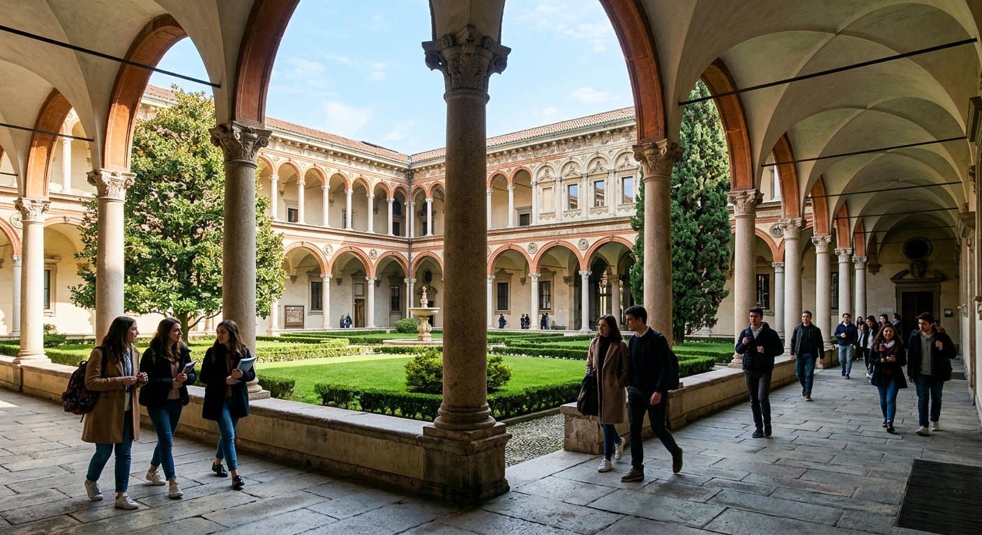 Bramante cloisters at Cattolica University Milan, Renaissance arched walkways surrounding a manicured green courtyard, historic stone columns, students walking through the arcade