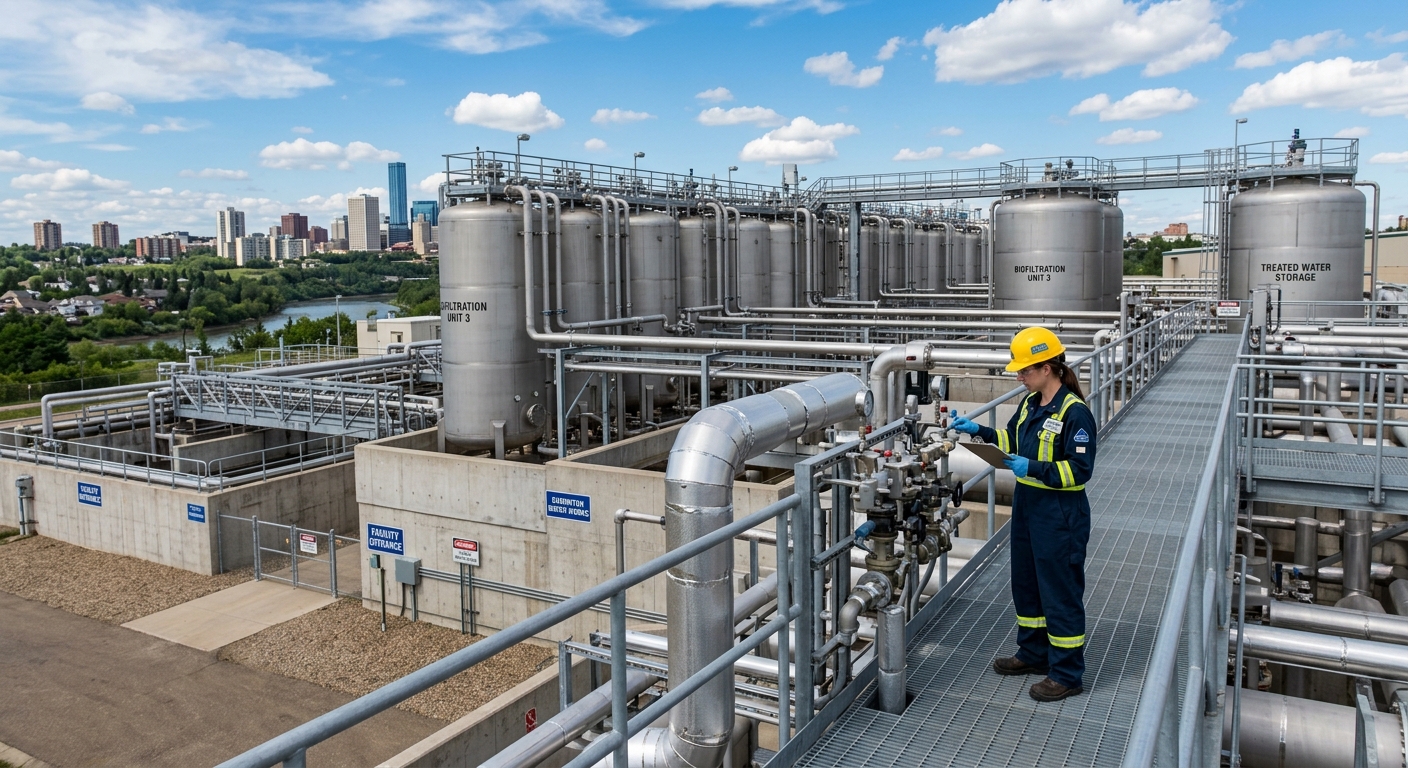 Industrial water treatment facility with large filtration tanks and pipes, a technician in safety gear inspecting equipment, blue sky and modern infrastructure in Edmonton Alberta Canada