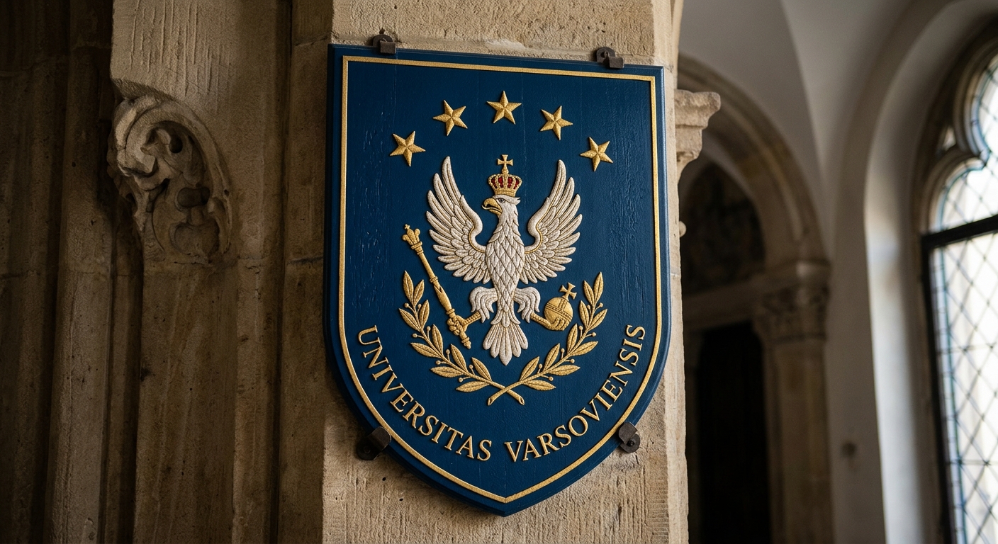 University of Warsaw official logo, eagle emblem surrounded by five stars on a dark blue shield, Latin inscription Universitas Varsoviensis