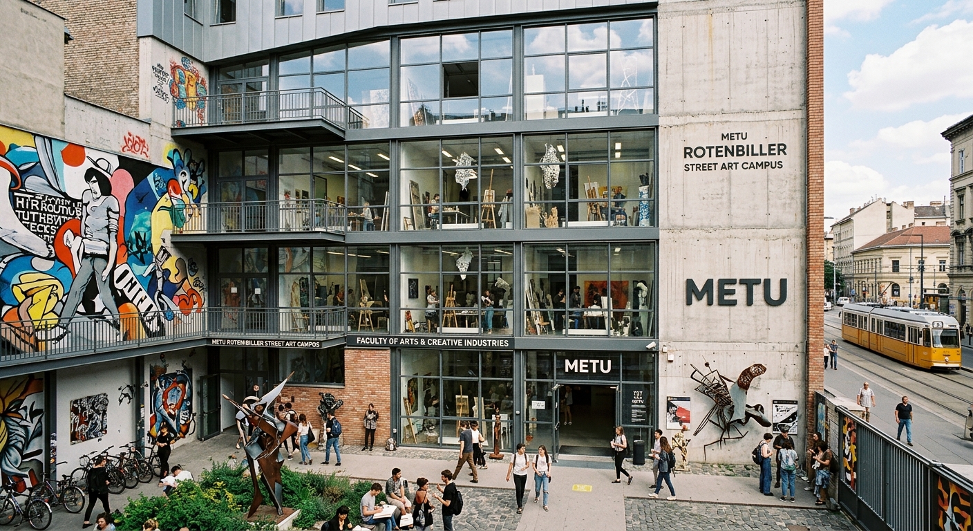 Rottenbiller street art campus of METU Budapest, creative studio spaces with large windows, art installations visible, contemporary industrial-style building