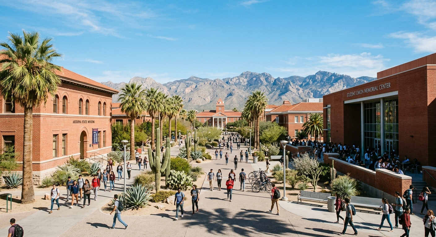 University of Arizona campus in Tucson with red brick buildings, desert landscape, palm trees, and students walking along pathways under clear blue skies with mountain ranges in the background