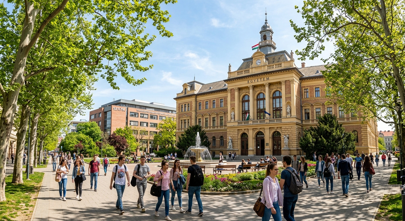 University of Szeged main campus building with classical architecture, students walking through tree-lined pathways, sunny day in Szeged Hungary, Faculty of Science and Informatics in background