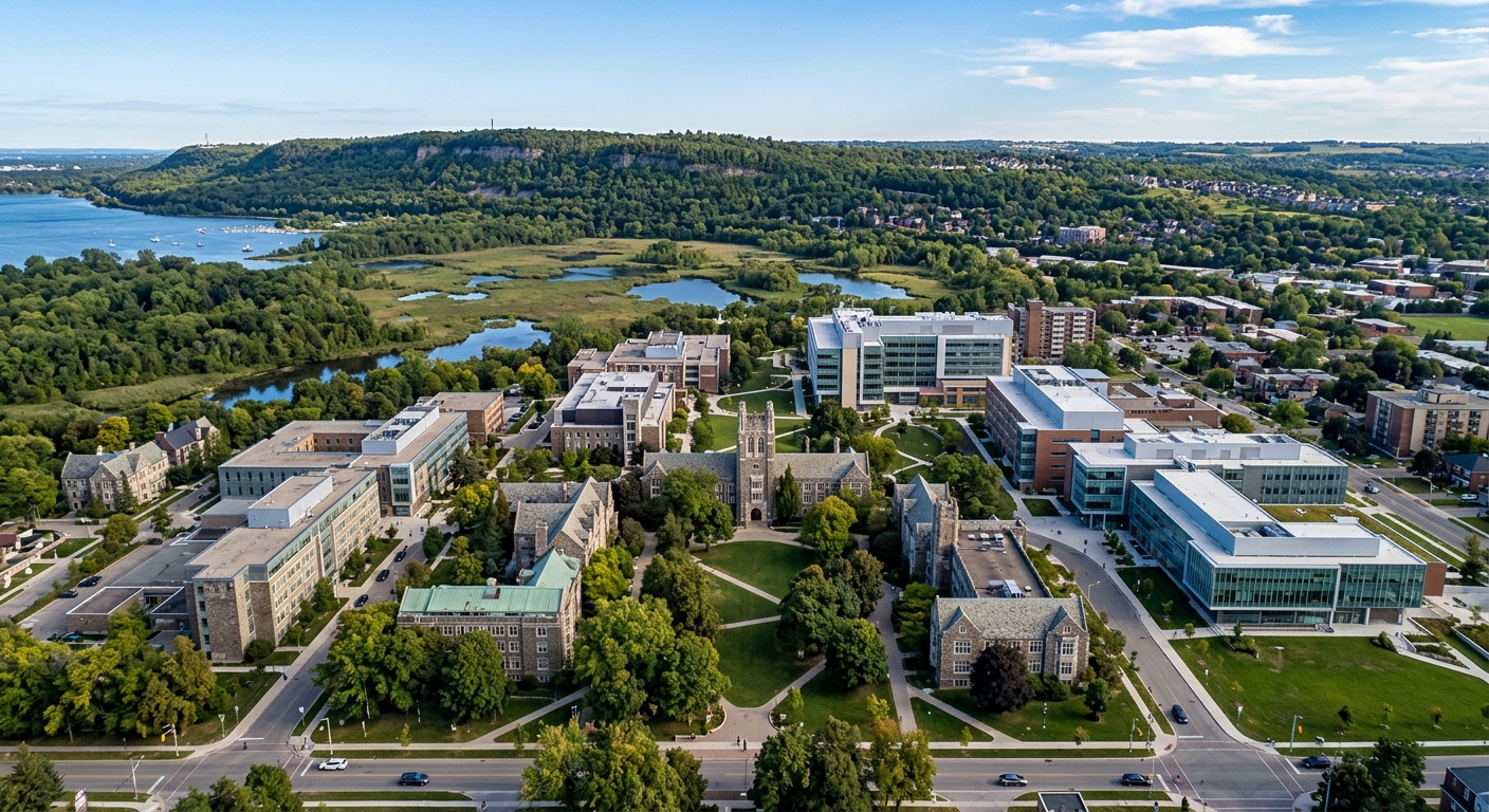 Aerial view of McMaster University campus in Hamilton Ontario, showing historic stone buildings alongside modern facilities, green lawns, mature trees, with the Niagara Escarpment and Cootes Paradise wetlands in the background under clear blue sky