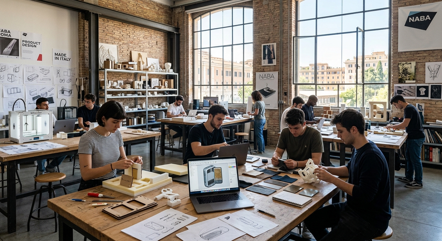 Modern design studio at NABA Rome campus with students working on product prototypes, 3D models and material samples on large worktables, natural light streaming through industrial-style windows, Italian contemporary architecture