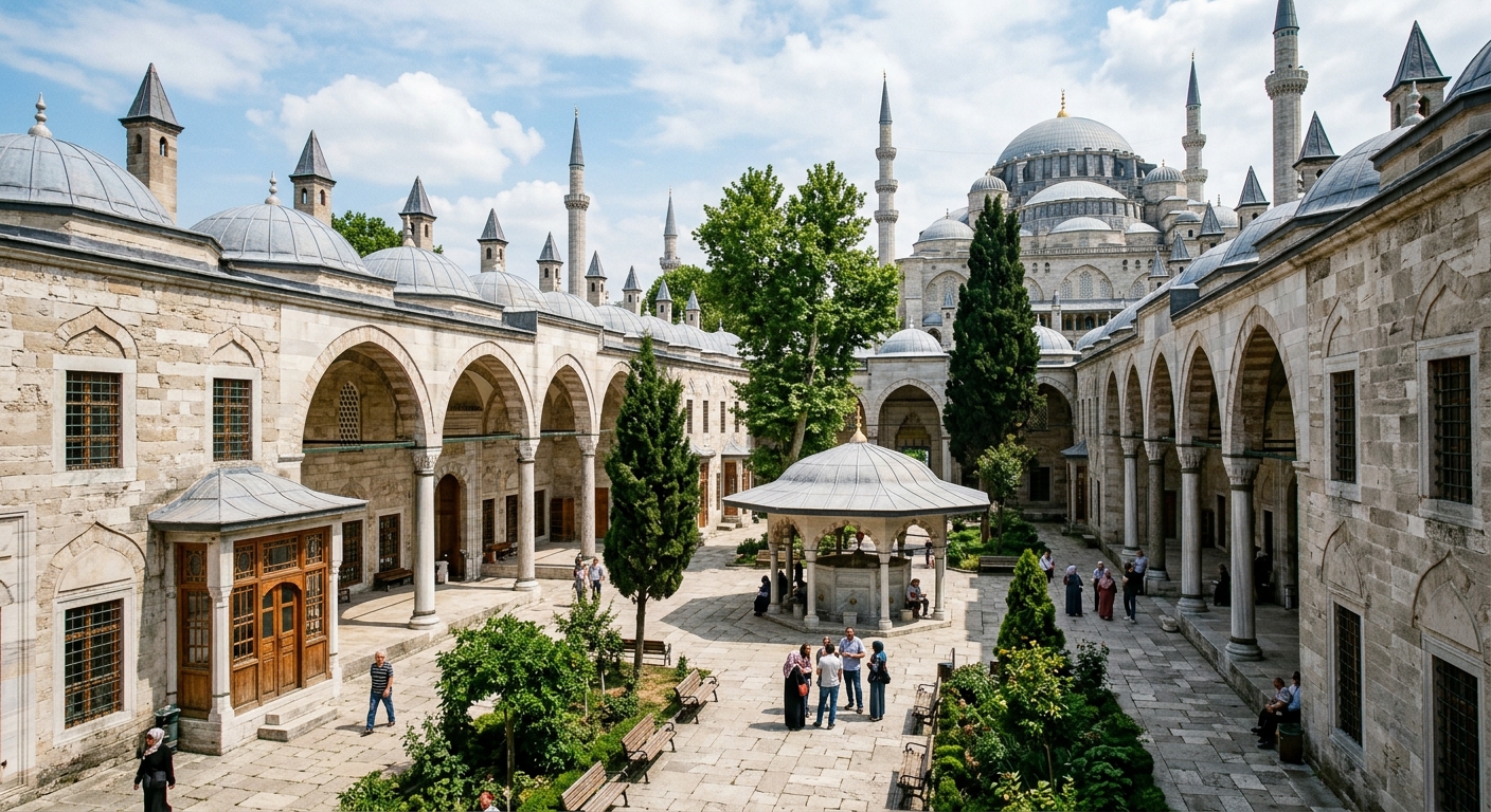 Süleymaniye Campus historic madrasa buildings in Fatih Istanbul, restored Ottoman-era stone architecture with domed roofs and inner courtyard