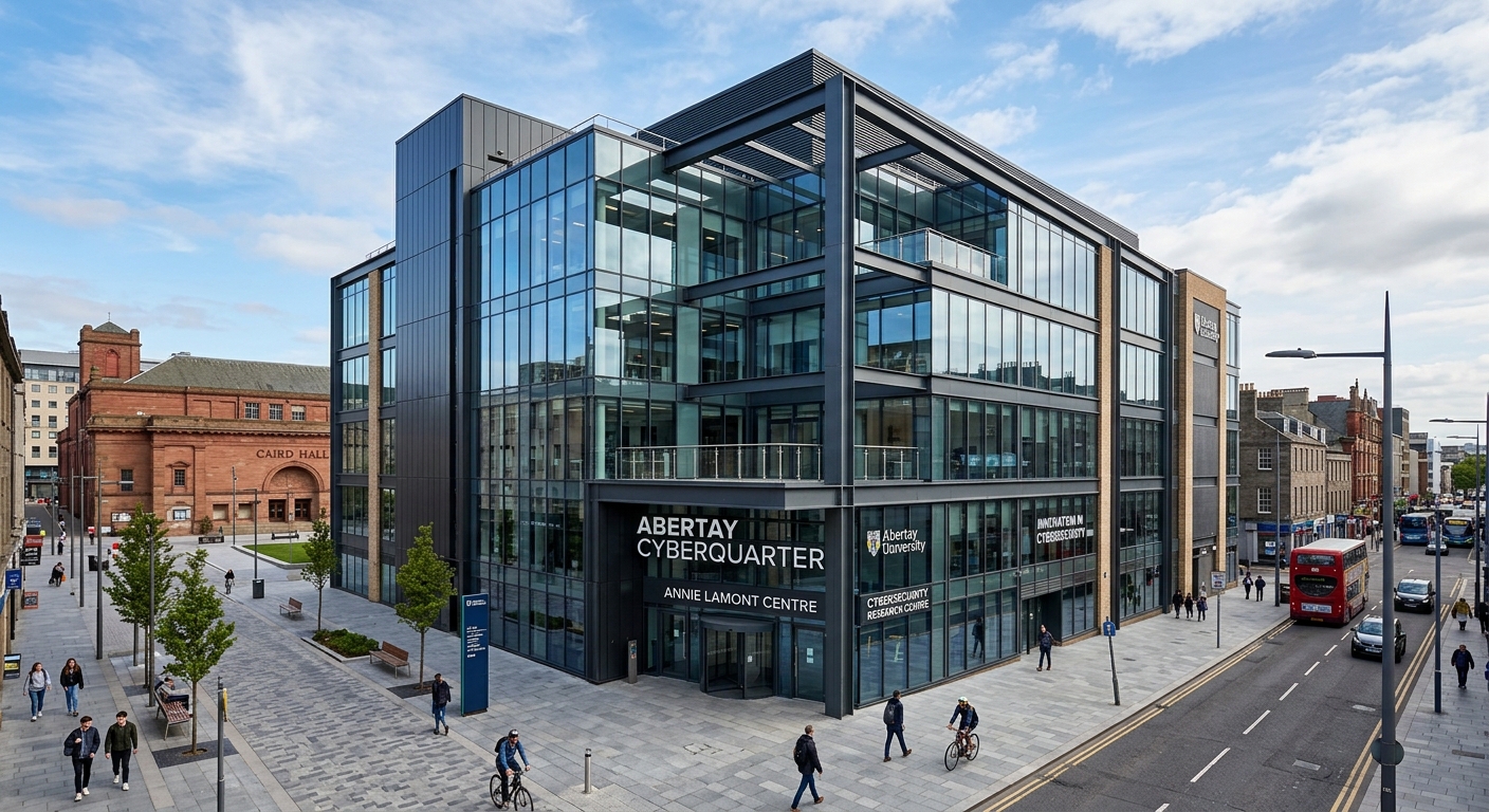 Abertay cyberQuarter building, modern GBP 18 million cybersecurity research centre, glass and steel architecture, Annie Lamont Centre, Dundee city centre setting