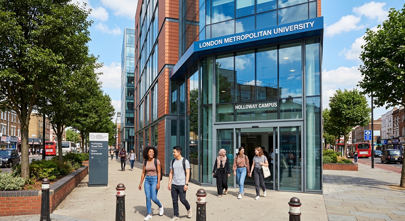 Modern London Metropolitan University campus building in Holloway, London, with diverse students walking through the entrance, glass facade reflecting blue sky, urban setting with trees lining the pathway