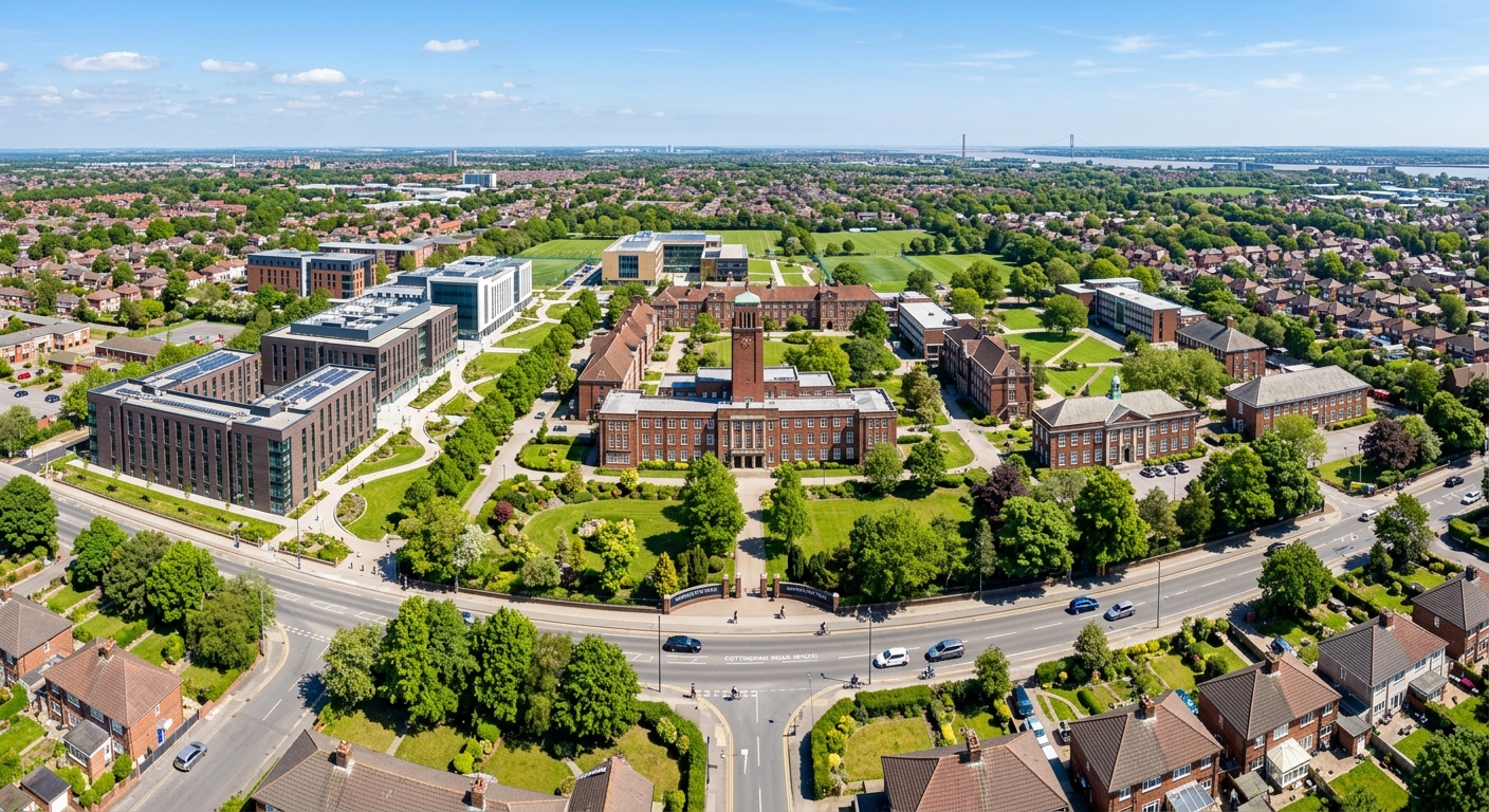 University of Hull main campus aerial view, red brick and modern buildings surrounded by green lawns and mature trees along Cottingham Road, suburban Hull setting with clear sky