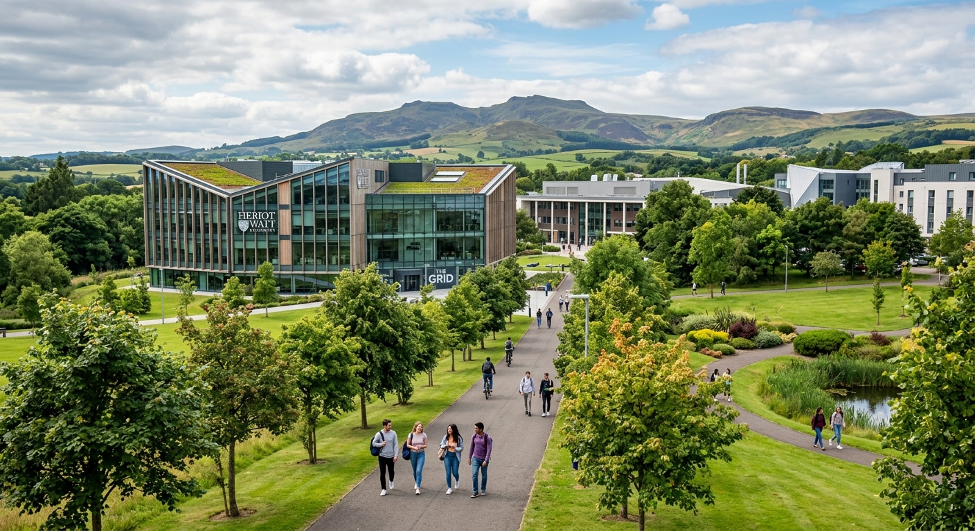 Heriot-Watt University Edinburgh campus with modern GRID building and green parkland surroundings, students walking along tree-lined pathways, Scottish landscape in the background