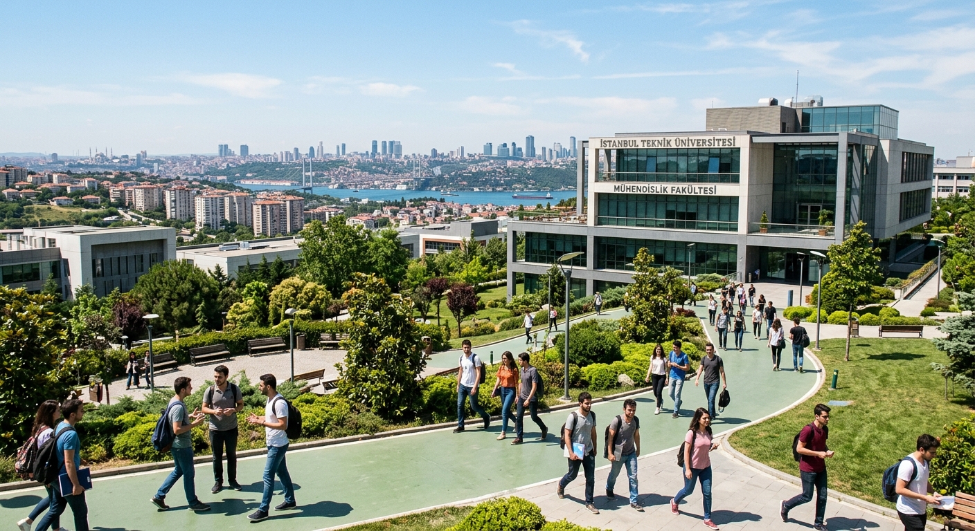 Modern university campus in Istanbul with engineering faculty building, students walking through green pathways, cityscape of Istanbul visible in the background, clear sky