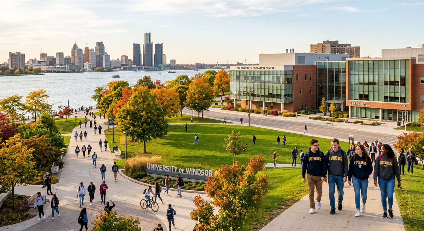 University of Windsor campus in Ontario Canada, modern academic buildings with green lawns, students walking along pathways, Detroit River visible in background, warm autumn light