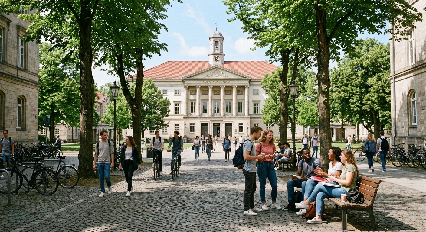 Historic University of Göttingen campus with neoclassical Aula building, tree-lined walkways, students discussing in groups on a sunny day in Göttingen, Lower Saxony, Germany